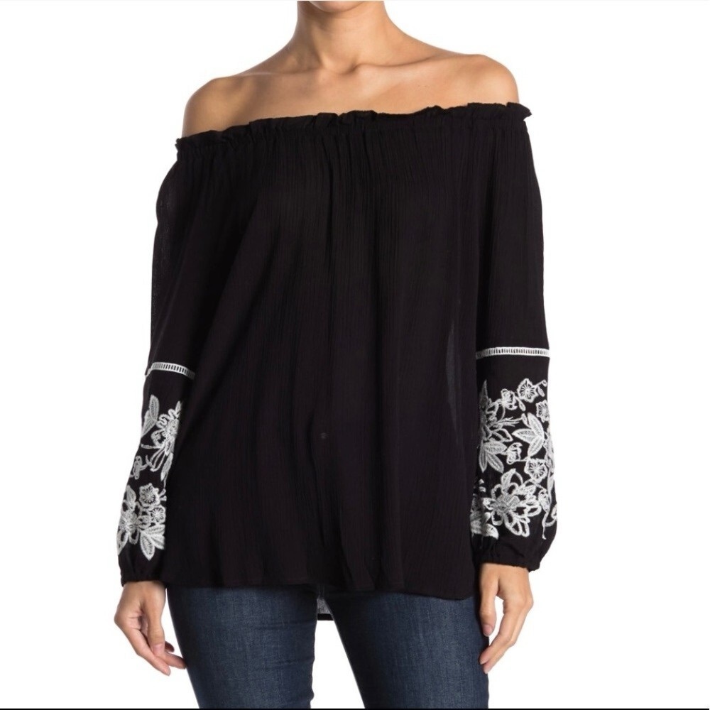 Black Off-Shoulder Top with White Floral Embroidery, 1X